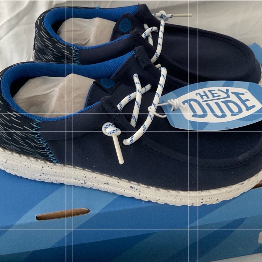 Hey Dude Kids Navy Blue Slip-On Sneakers with White Speckled Sole. MSRP $49.95